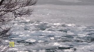Cracking ice pushes towards shore