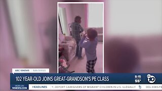 102-year-old great-grandma joins in on great-grandson's virtual PE class