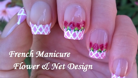 Baby Pink French Manicure With Flower & Net Nail Design