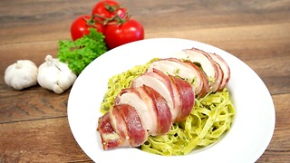 Pesto and mozzarella chicken wrapped in bacon