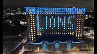 Michigan Central Station Lit Up with “LIONS” Light Display in Support of Detroit Lions
