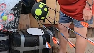 Lots of Fun Hits on Rinehart Ball Archery Target