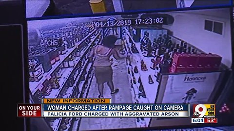 Woman rampages three stores, burns one