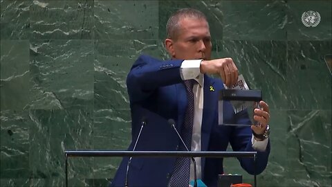 Israeli UN clown Ambassador shreds the UN charter after Palestine accepted to become a UN member