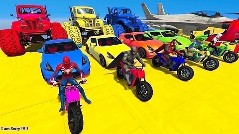 GTA V Mega Ramp On Bikes, Fighter Jets & Boats By Monster Trucks , Cars Spider man Racing Challenge