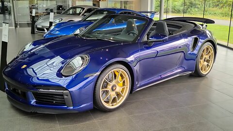 [8k] GORGEOUS Gentian Blue Porsche 992 Turbo S vs Sapphire Blue GT3 ROOF DOWN in superresolution.