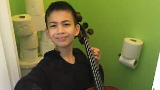 Young cellist sounds out toilet paper challenge