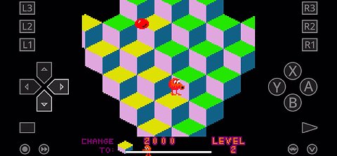 Q*bert (2000) on game boy color emulator arcade mode level 2 (23.58)