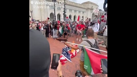 Union Station in DC American 🇺🇸 goes down and Palestinian flag up while burning our flag