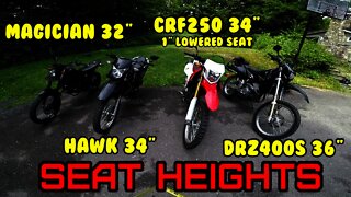 [E52] Magician, Hawk 250, CRF250L, DRZ400S Seat height comparison: bonus ride CB400 CM450