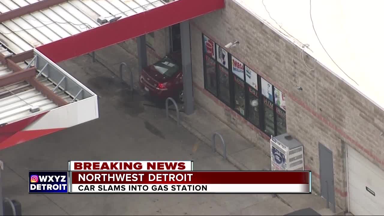 Car slams into gas station in northwest Detroit