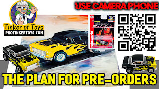 PRE-ORDER DATE AND TIME AT THE END - 1955 Chevy Bel Air Black with Yellow Flames CP7760PT Auto World