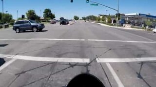 Motorcyclist on US highway inches away from disaster