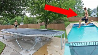 WORLD'S BIGGEST TRAMPOLINE INTO BACKYARD POOL!