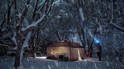 Solo Camping in Heavy Snow with My Dog. Relaxing in the Hot Tent. Wood Stove ASMR