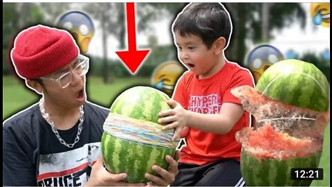 WATERMELON vs 500 RUBBER BANDS__ __funny challenge w_ lil brother