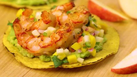 Grilled Shrimp Tostadas with Pinata Apple & Mango Salsa