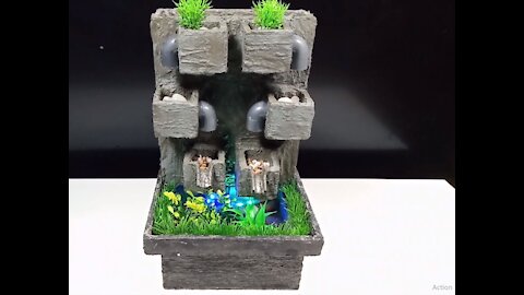 Styrofoam and cement mini water fountain waterfall made at home