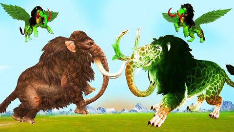 Woolly Mammoth Elephant vs Zombie Lion Monster Flying Baku Fight Cow Cartoon Animal Epic Battle