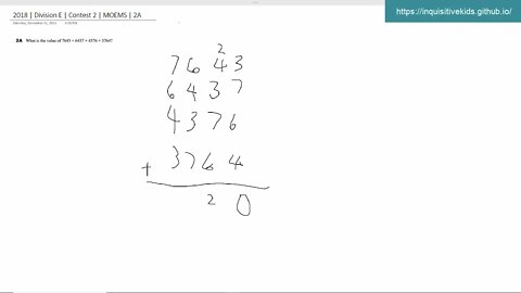 Math Olympiad for Elementary | 2018 | Division E | Contest 2 | MOEMS | 1A