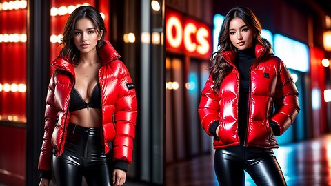 Red Puffer Jacket and Black Vinyl Pants - Winter Fashion