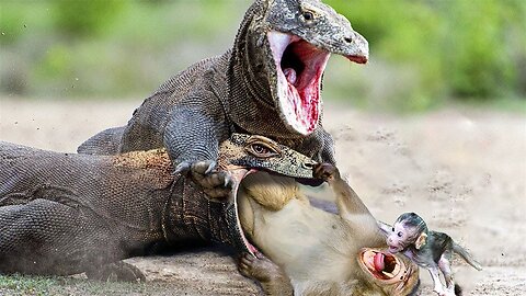 Baby Monkey Hurts Seeing Mother Tortured By Komodo- The No.1 Ruthless Hunter in the Natural World