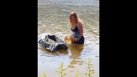 Beautiful Girls Catch Fish by Hook In River