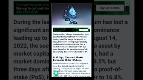 Ethereum’s Market Dominance Slides 13% Lower | Crypto News | Ethereum Merge Predictions Fail #shorts