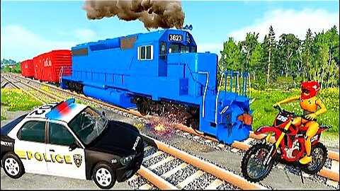 Train vs portal trap with tractor truck rescue bus - Funny Cars vs rails and train crash - BeamNG