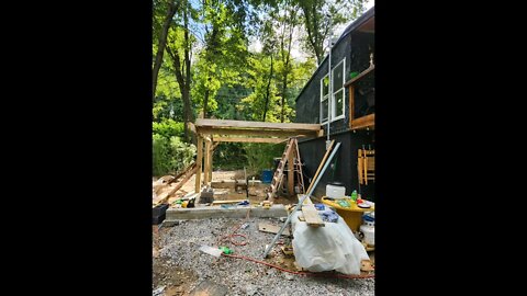 Handmade oak beams being set in place, for addition.