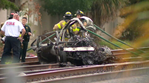Vehicle consumed by fire, person killed after Tri-Rail collision