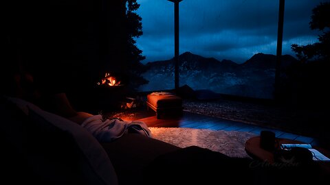 Cozy mountaintop villa with a crackling fireplace amidst a quiet storm ASMR | Awayion