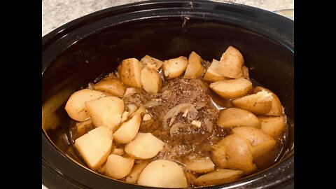 Slow Cooker Chuck Roast. Ingredients, onion, garlic, rosemary, Thyme, Worcestershire sauce, beef, ..