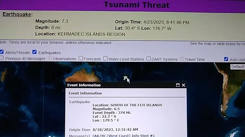 7.3 Earthquake Kermadec Islands Region & Tsunami Threat In Progress. 4/23/2023