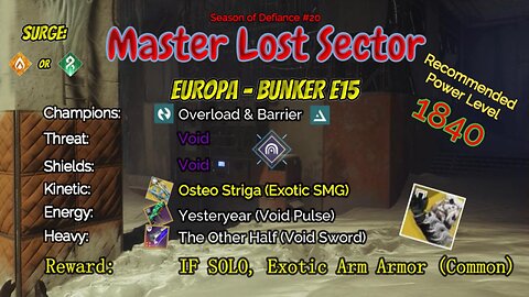 Destiny 2 Master Lost Sector: Europa - Bunker E15 on my Hunter 4-11-23