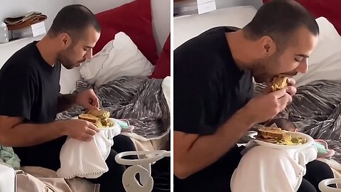 Dad Uses Baby As Personal Table To Hold His Food