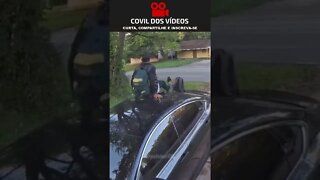 homem sobe em cima de um carro pra fugir do cachorro