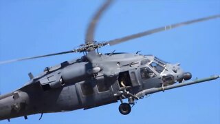 Low Pass, Blackhawk AF Helicopter Circles Overhead in Small Town, Close Up, Latest