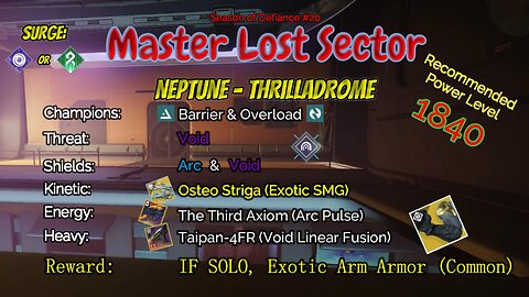 Destiny 2 Master Lost Sector: Neptune - Thrilladrome on my Solar Hunter 5-5-23