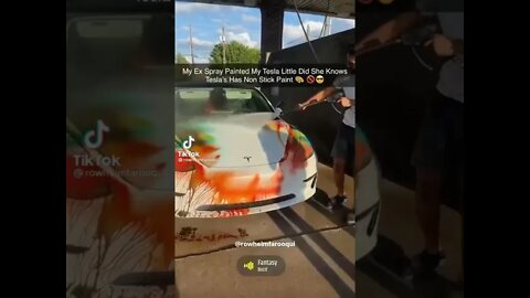 Girlfriend spray painted Tesla little did she know it’s washable #cars #shorts #cleancar #shortsfeed