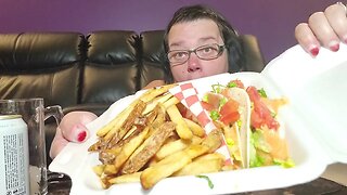 Delish Fish tacos with fries gravy and a yummy cold beer mukbang🌮🌮🍺🍺