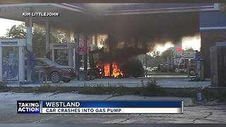 Car crashes into gas pump igniting fire at Westland gas station