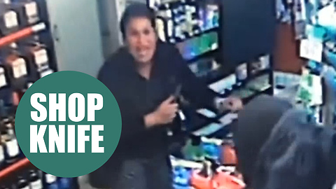 female corner shop worker confronts a knifeman with her own blade