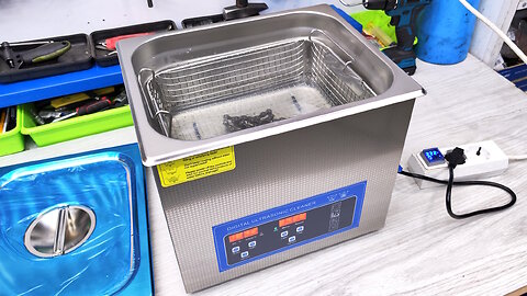 Unboxing digital ultrasonic cleaner bath. Testing lab ultrasound sonic cleaner degreasing