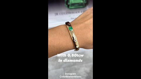 2.32tcw handmade Emerald cut emerald and round diamond three stone gold bangle bracelet 14K