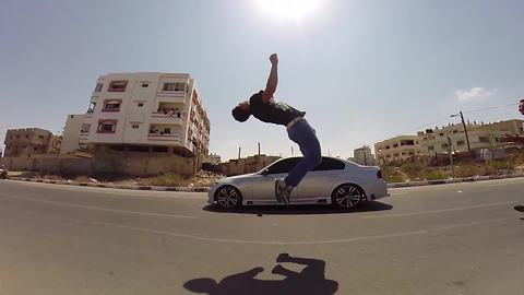 Daredevils pull off high-flying stunts with speeding cars