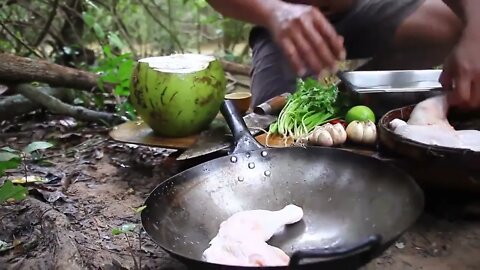 Cooking Coconut Chicken Leg Recipe eating so Yummy - Use Coconut water Cook Chicken Meat in Fry P-3