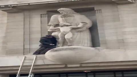 David Chick AKA Spiderman scales the BBC smashes up the Eric Gill pedo statue