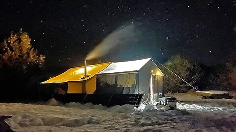 Peaceful Winter Night Living Off Grid in a Canvas Tent with Wood Burning Stove