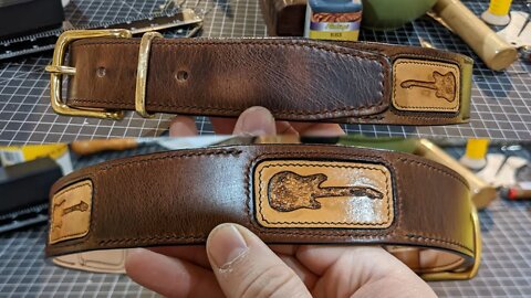 Handmade Belt with Tooled Guitar Inlays | Leatherworking